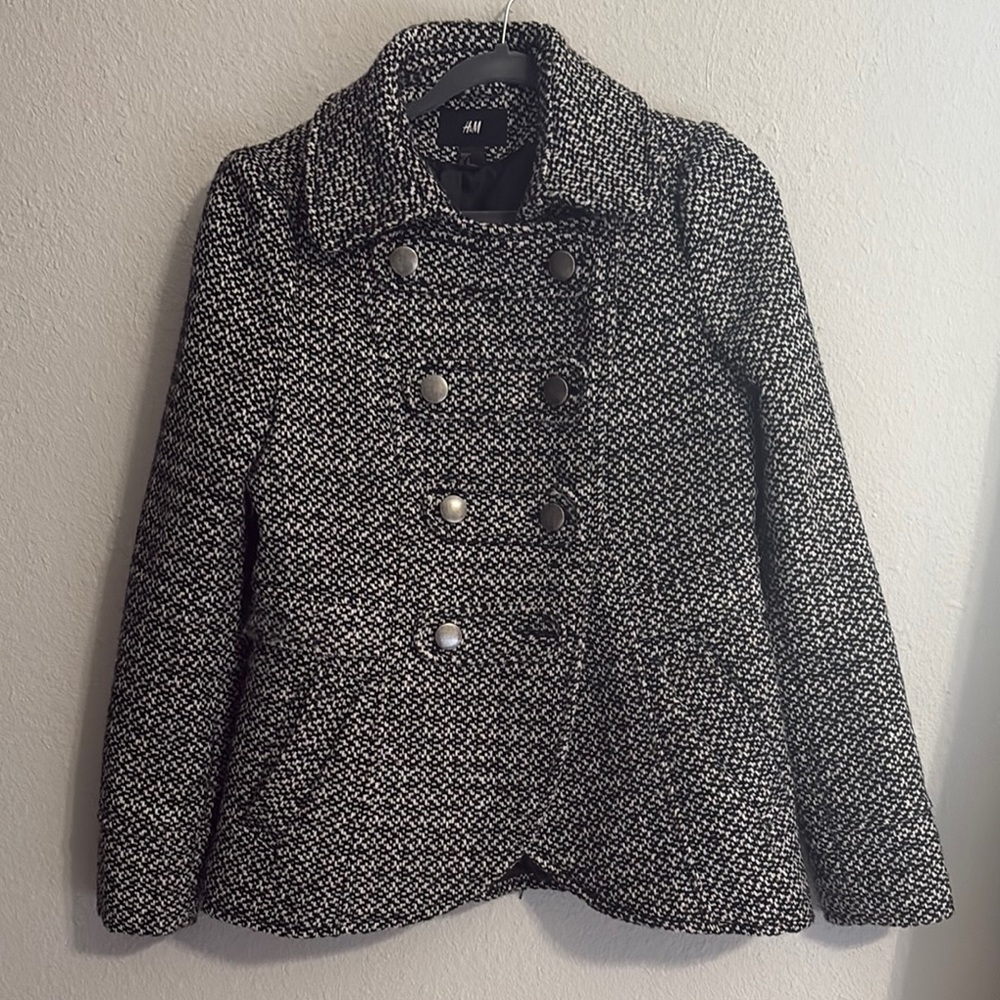 H&M Black and White Tweed Peacoat with Tailored Fit